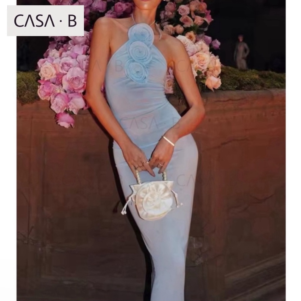 SOON💫CASA B|Isla Azul Sheer Light Blue One-Shoulder Floral Appliqué Halter Dress